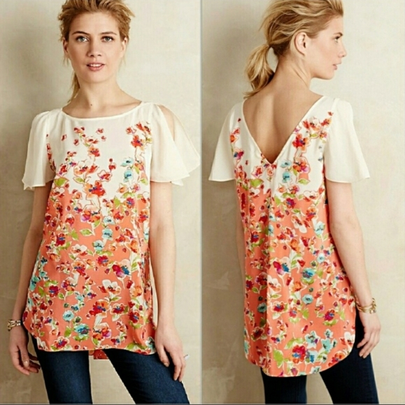 Anthropologie Tops - Anthro Maeve Floral Silk Short Sleeve Sheer Top